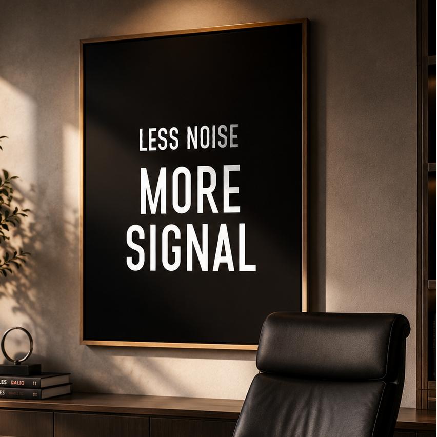 A framed wall art print with the text 'LESS NOISE MORE SIGNAL' in white on a black background, displayed in an entrepreneur office