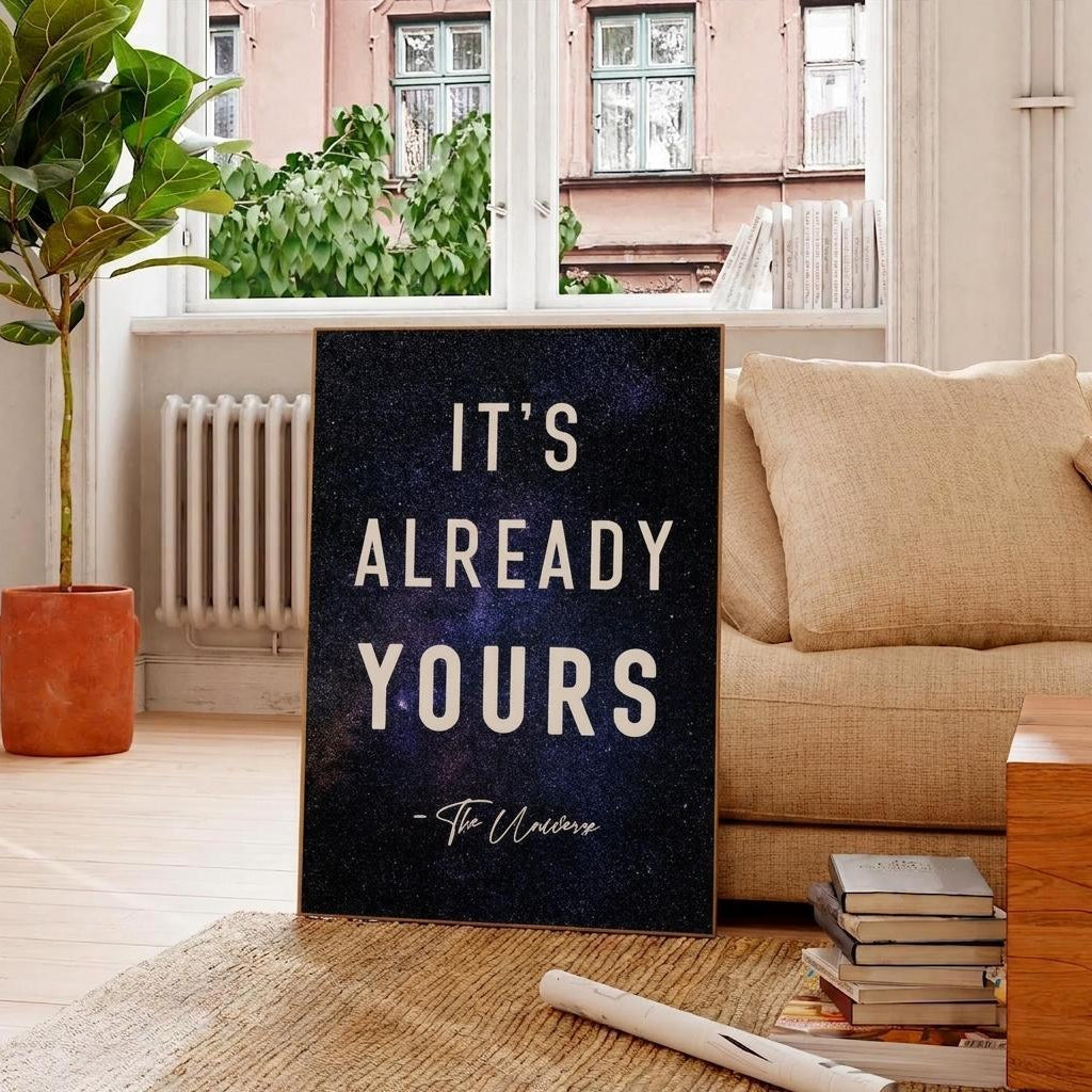 A framed wall art print with the text 'IT'S ALREADY YOURS' and 'The Universe' in white on a dark starry background,
