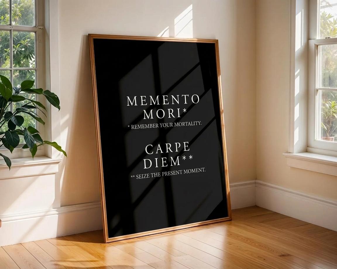 A vertical framed art print with a black background and white text reading 'MEMENTO MORI' and 'CARPE DIEM' leans against a cream-colored wall on a wooden floor in a sunlit room.