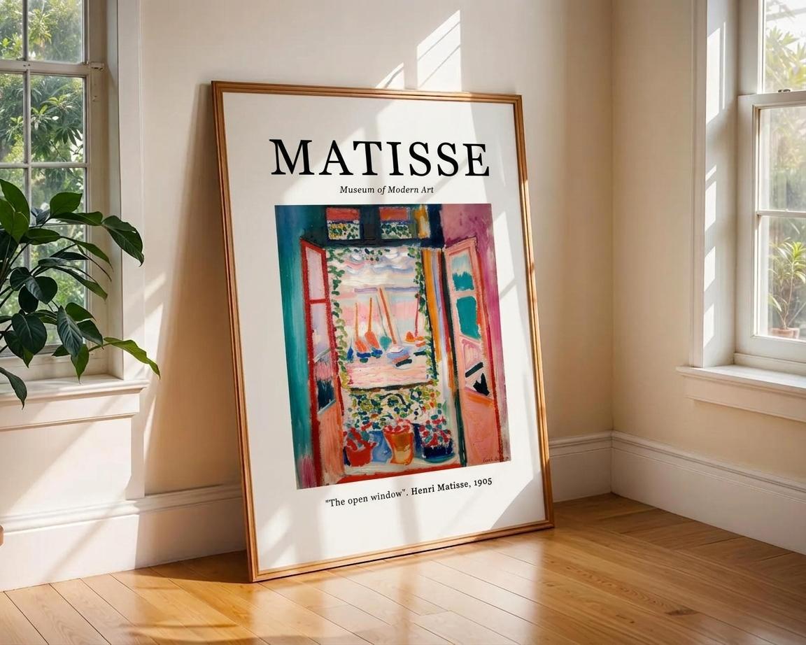 A framed art print of Henri Matisse's 'The Open Window' (1905) leaning against a beige wall on a wooden floor in a sunlit room with a plant.
