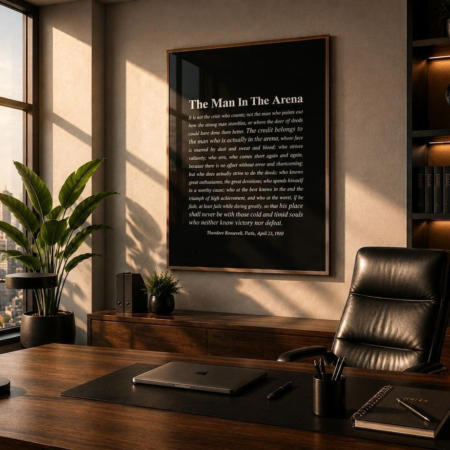 man in the arena motivational wall art in office