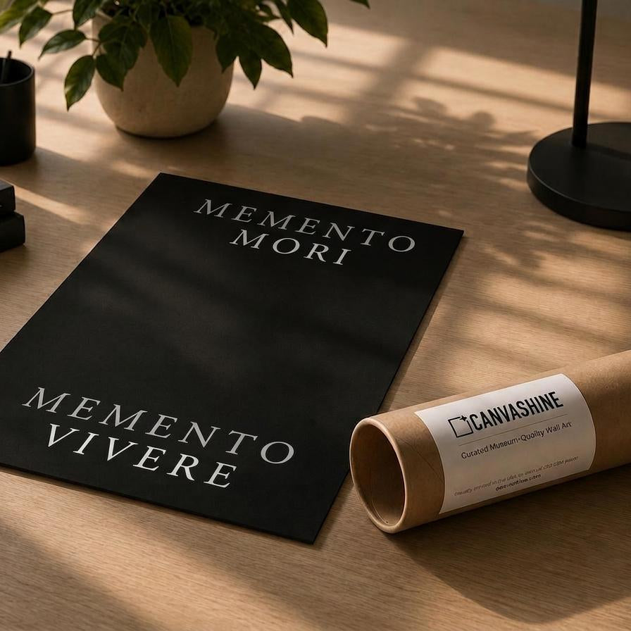 A black poster or art print on a wooden desk with the text 'MEMENTO MORI' and 'MEMENTO VIVERE' in white serif lettering. A rolled brown paper sleeve labeled 'CANVASHINE' lies beside it, with books, a pen, a plant, and a lamp in a sunlit room.