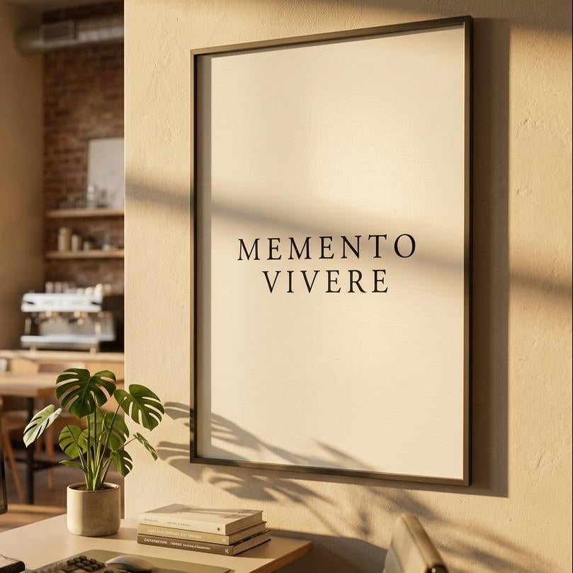 A framed wall art print with the text 'MEMENTO VIVERE' in black serif letters on a warm cream background, hanging on a beige wall in a softly lit interior with a plant and books below.