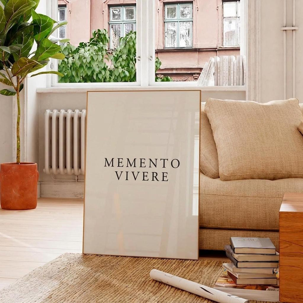 A vertical framed art print with the text 'MEMENTO VIVERE' in black serif font on a warm off-white background, leaning against a beige sofa in a bright, modern living room.