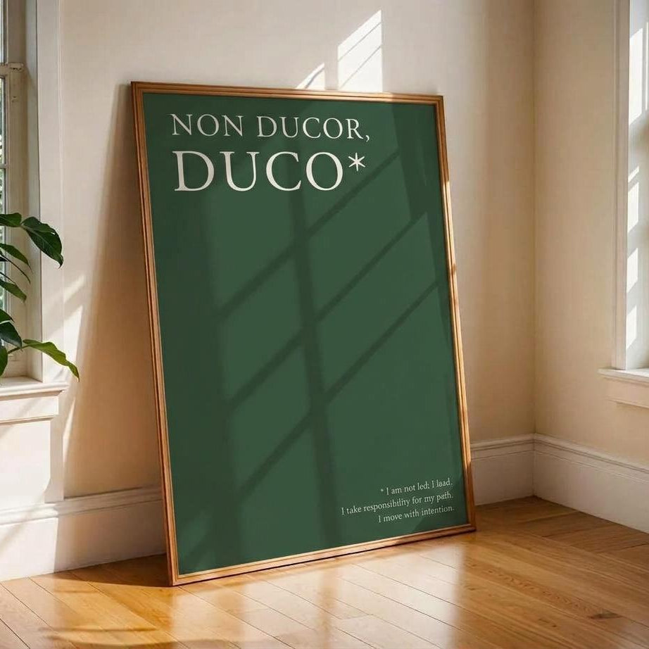 A framed art print with the text 'NON DUCOR, DUCO*' leans against a beige wall on a wooden floor in a sunlit room with windows and a plant.
