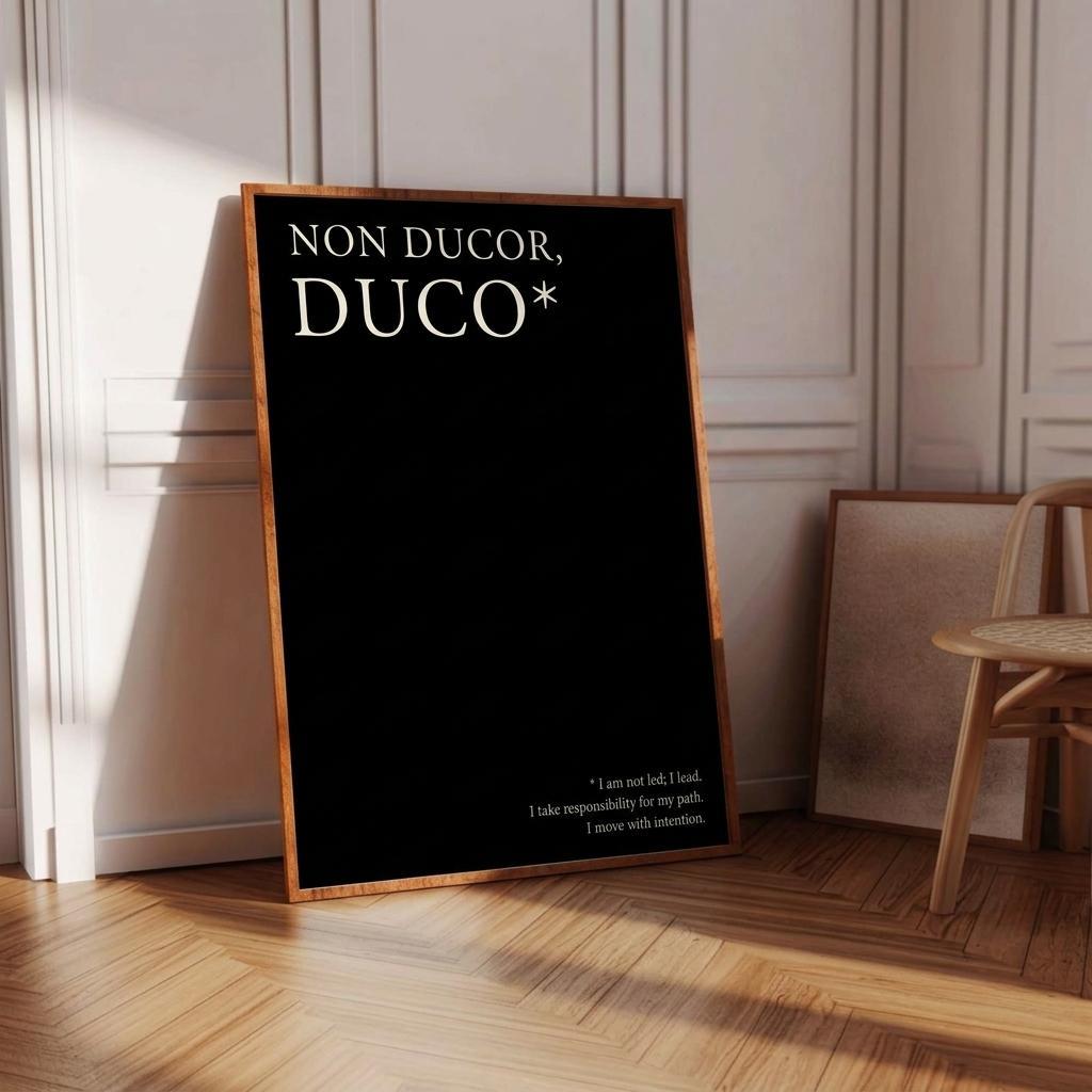 A framed black art print leaning against a white paneled wall on a wooden floor, with the text 'NON DUCOR, DUCO*' in white. A wooden chair is partially visible on the right.