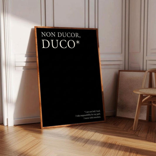 A framed black art print leaning against a white paneled wall on a wooden floor, with the text 'NON DUCOR, DUCO*' in white. A wooden chair is partially visible on the right.