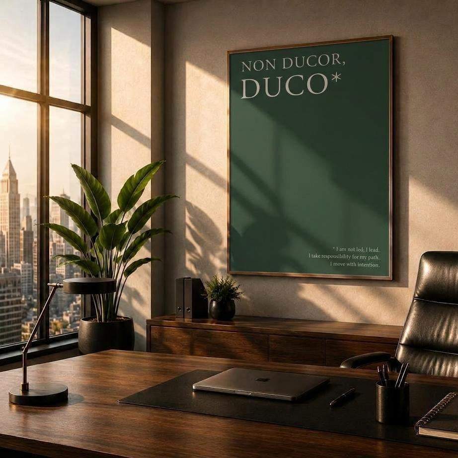 A framed wall art print featuring the Latin phrase 'NON DUCOR, DUCO*' in white text on a dark green background, displayed in a modern, sunlit office above a wooden desk with a black leather chair.