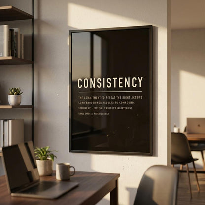 A framed vertical wall poster with the word 'CONSISTENCY' and a short quote in white text, hanging on a light wall in a modern office setting with desks, chairs, and laptops visible.