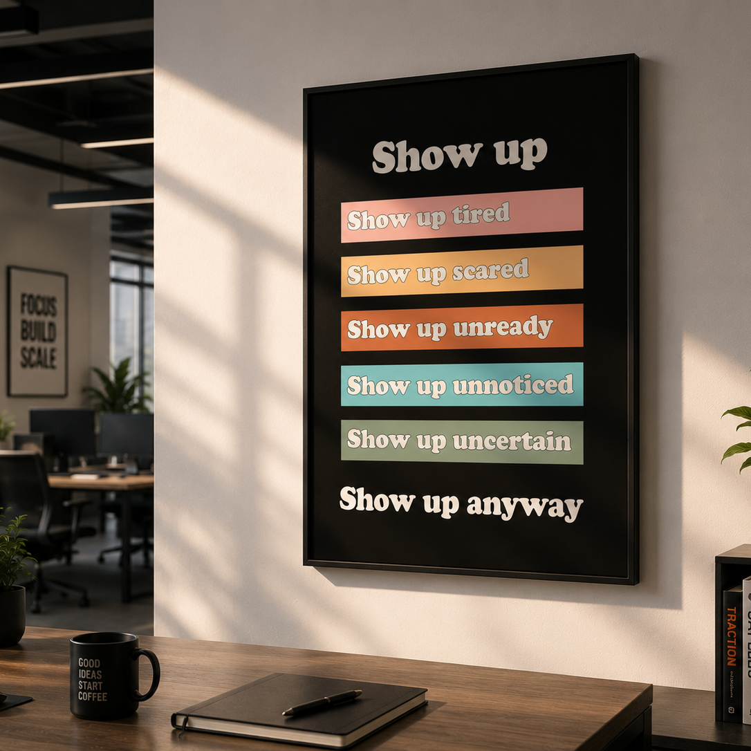 A framed motivational wall poster hanging in a modern office space. The poster has a black background with white text reading 'Show up' and 'Show up anyway' and lists colorful status phrases like 'Show up tired', 'Show up scared', 'Show up ready', 'Show up unnoticed', and 'Show up uncertain'.