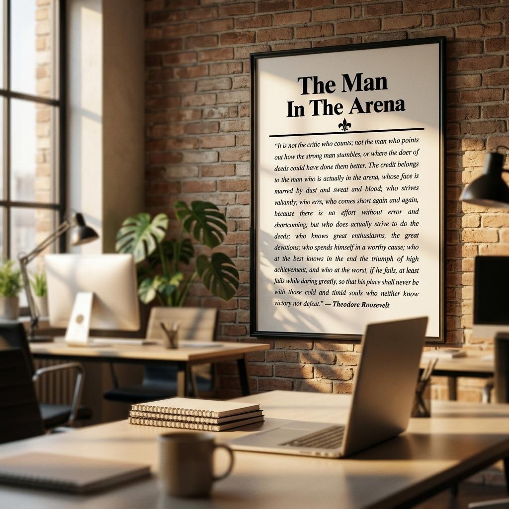 A framed vertical poster titled "The Man In The Arena" with a black text print on a white background, hanging on a brick wall in a modern office or cafe setting with blurred desks and chairs in the foreground.