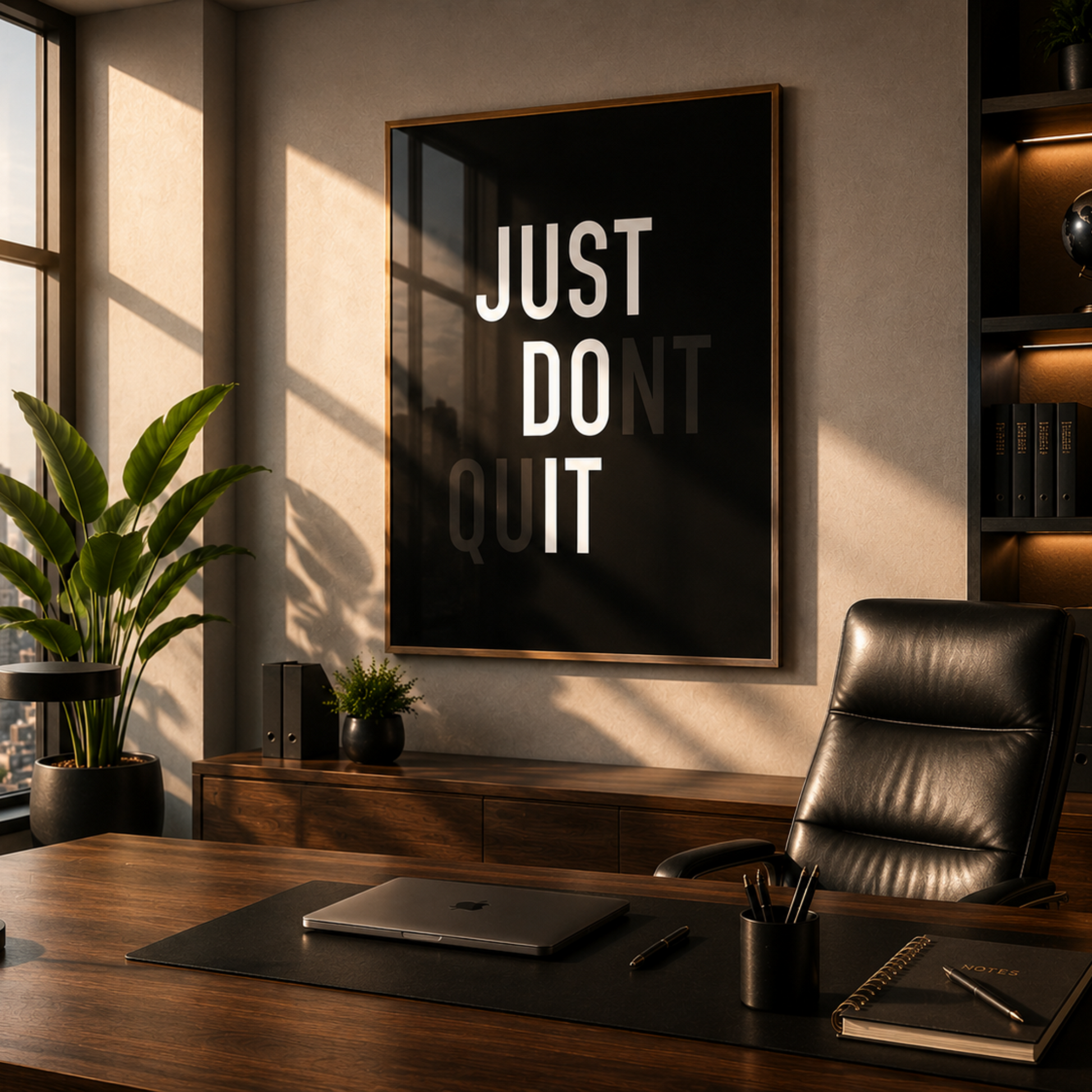 Modern office desk with motivational poster and city view