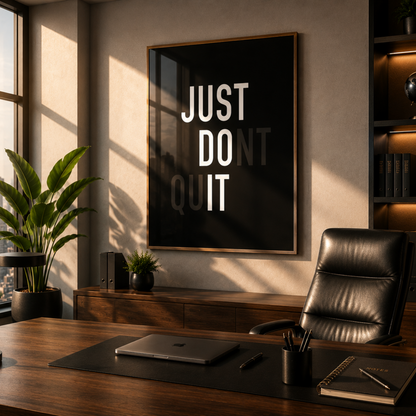 Modern office desk with motivational poster and city view