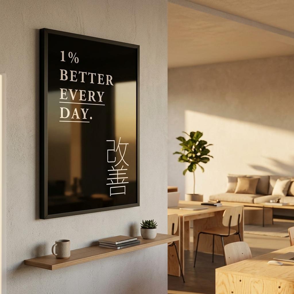A framed wall art print with the English phrase '1% BETTER EVERY DAY.' and Japanese characters on a black background, displayed in a modern interior room with a shelf, mug, plant, and seating area.