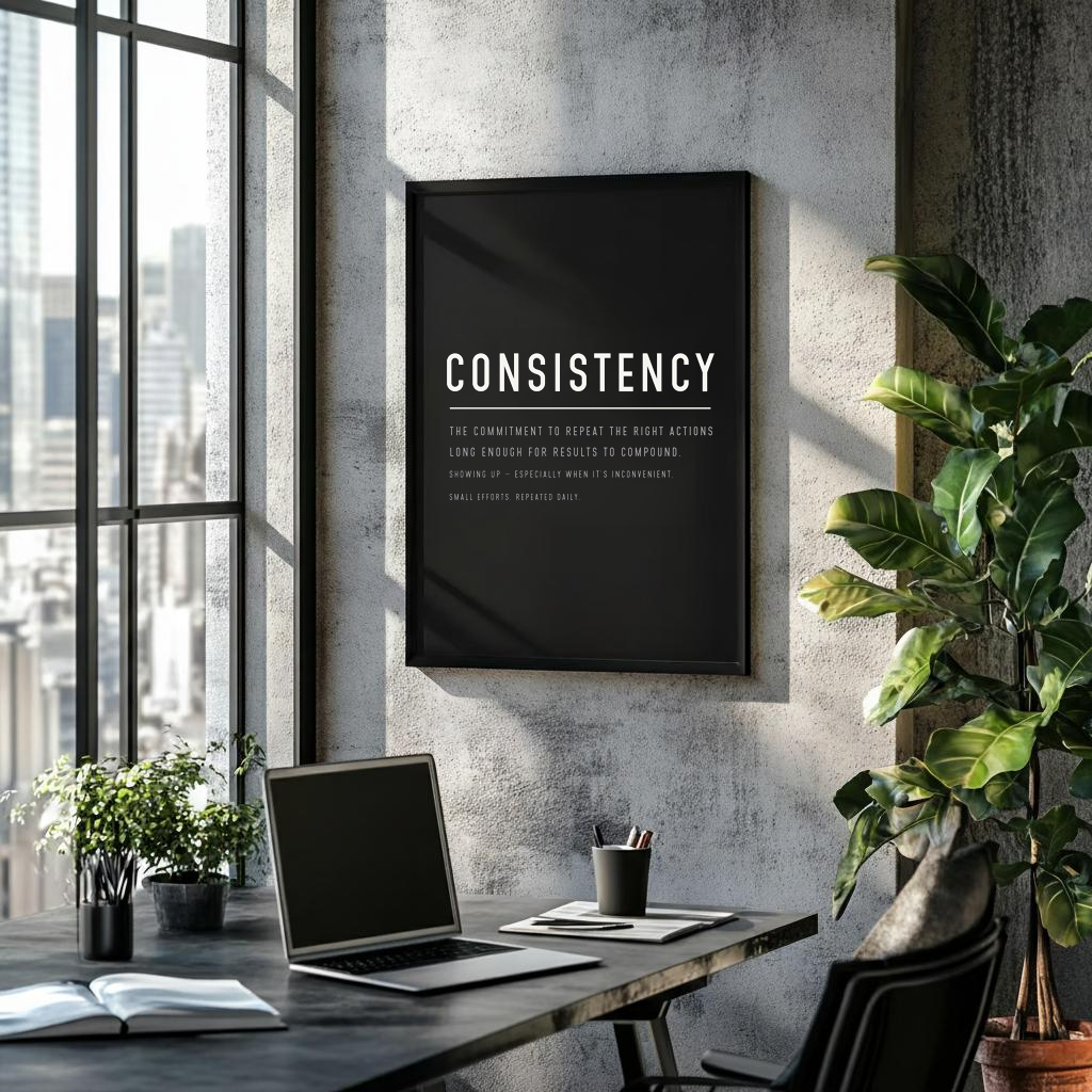 Modern office space with a motivational poster, laptop, and plants.