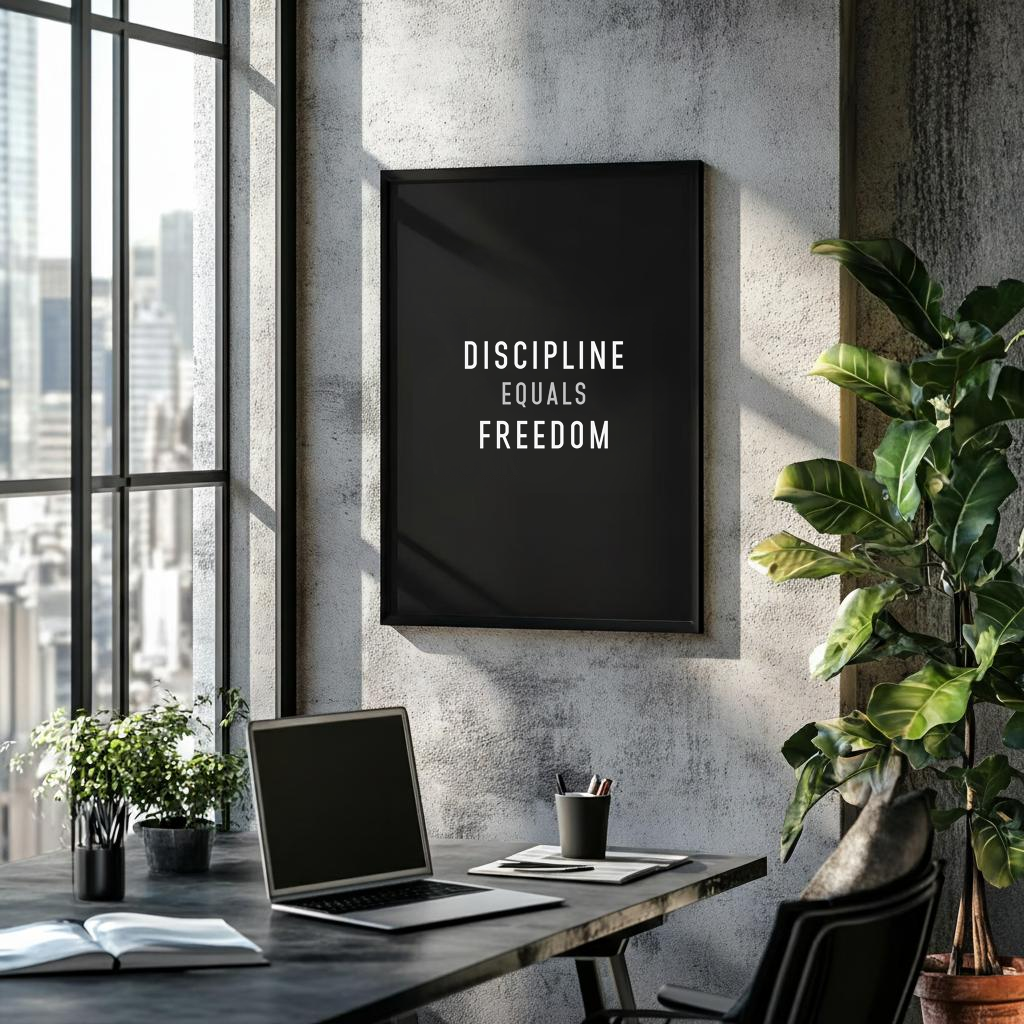 Modern office desk with 'DISCIPLINE EQUALS FREEDOM' Poster