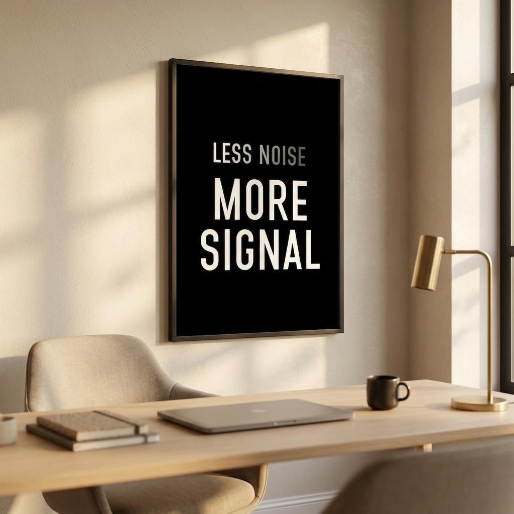 A framed wall art print with the text 'LESS NOISE MORE SIGNAL' in white on a black background, hanging above a desk in a modern home office setting.