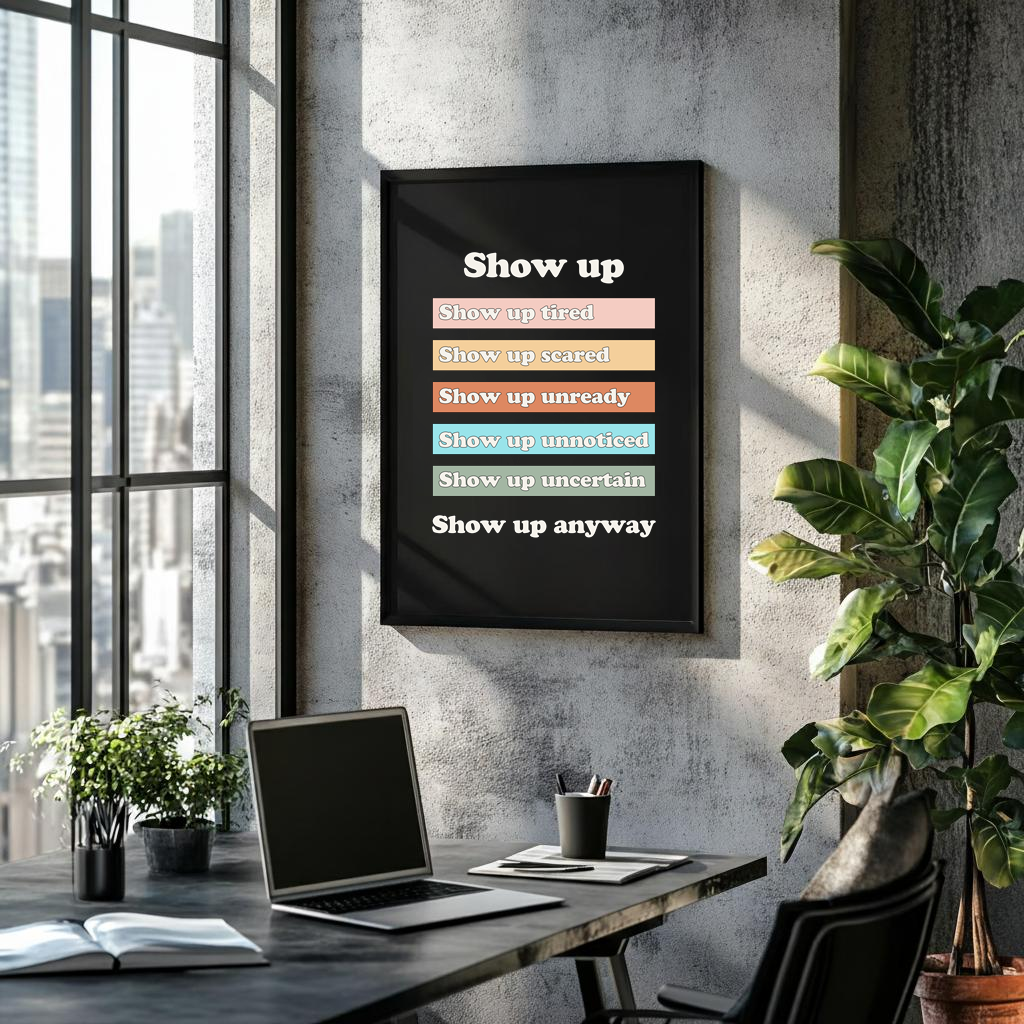 A framed wall poster with the text 'Show up' and stacked status lines in different colors hangs on a concrete wall above a desk with a laptop, plants, and a chair in a modern office setting.