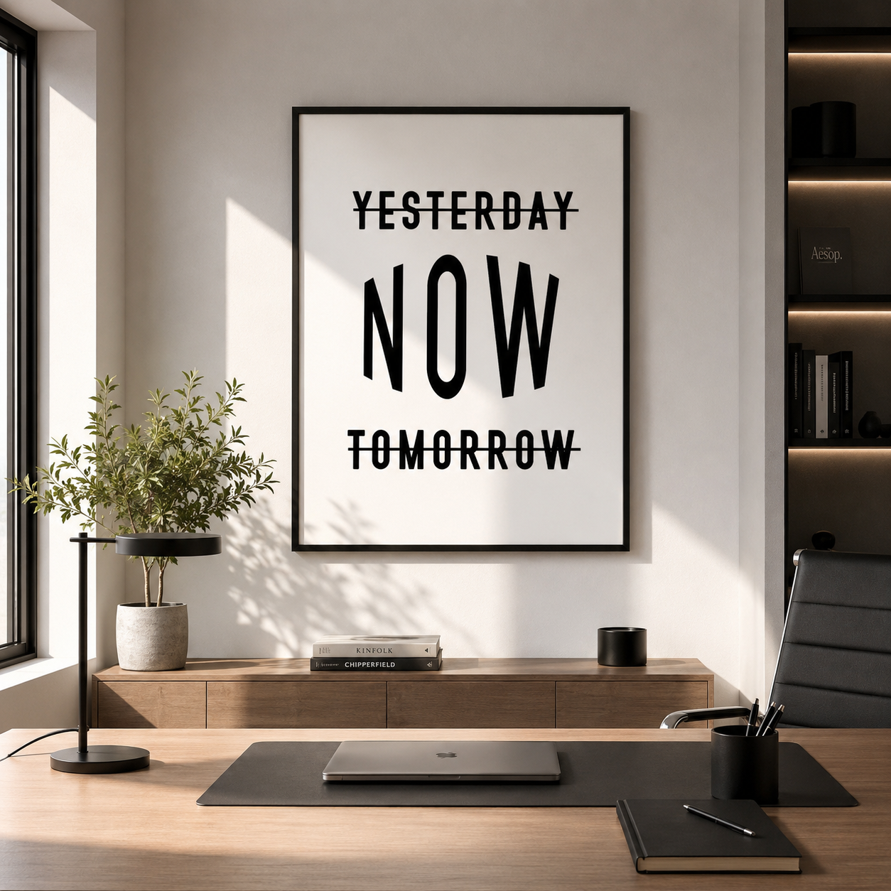 Modern office setup with motivational poster 'Yesterday Now Tomorrow' on a wall.