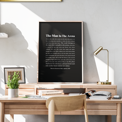home office office featuring man in the arena motivational wall art