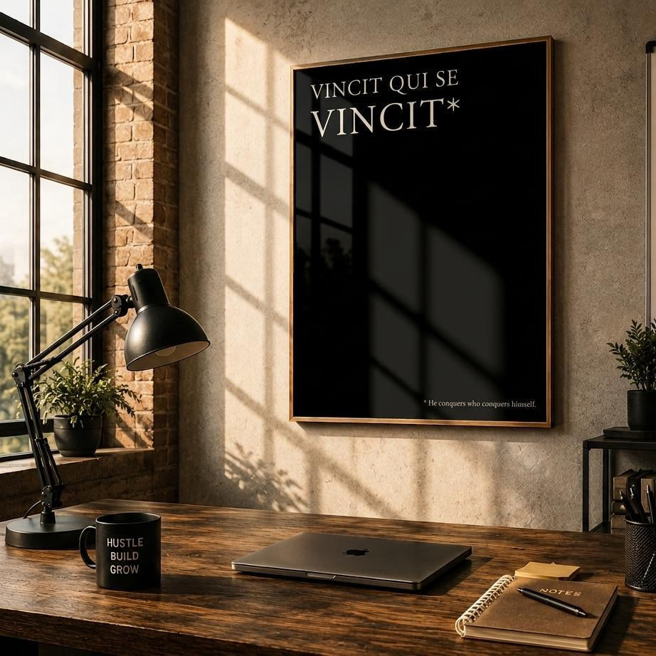 A framed black poster with the white text 'VINCI TUI QI SE VINCIT*' hangs on a textured wall in a styled home office. The room features a wooden desk with a laptop, mug, and notebook, a window with brick walls, and a whiteboard on the right.