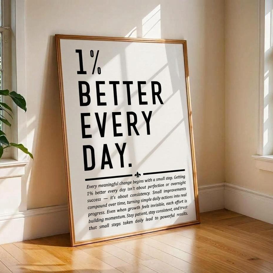 A framed motivational poster leaning against a wall in a sunlit room. The poster reads “1% BETTER EVERY DAY.
