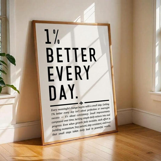 A framed motivational poster leaning against a wall in a sunlit room. The poster reads “1% BETTER EVERY DAY.