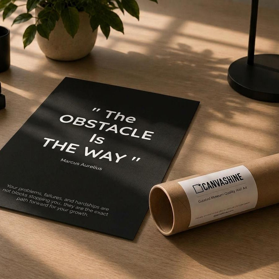 A black quote archival paper “The Obstacle Is The Way” by Marcus Aurelius
