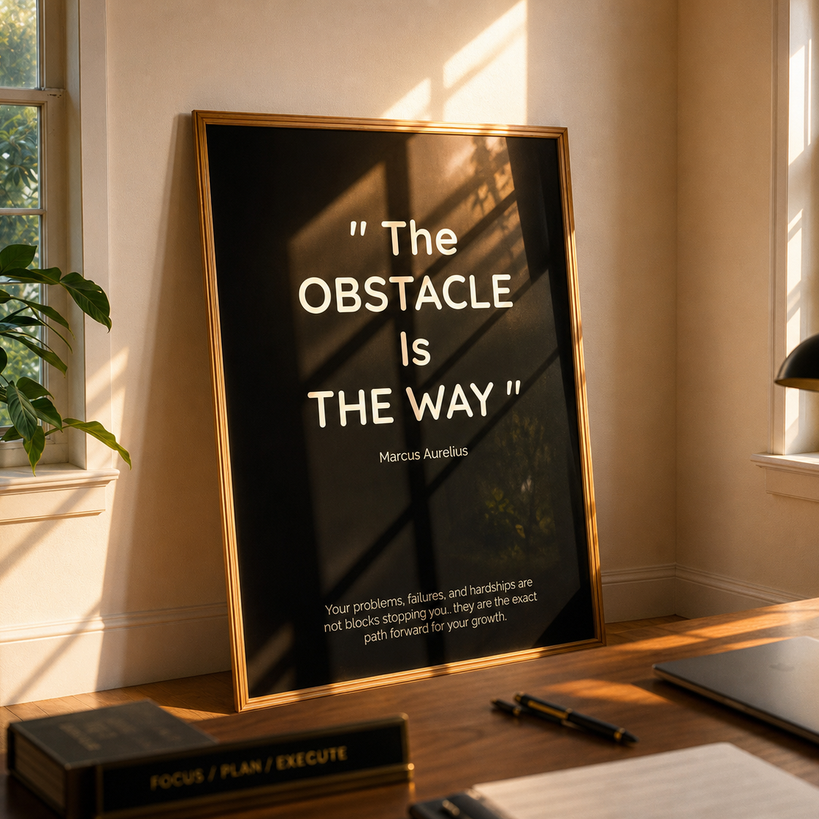 A framed motivational poster leaning on a wooden desk in a sunlit room. The poster has a black background with white text reading, “The Obstacle Is The Way” attributed to Marcus Aurelius, with smaller text below.