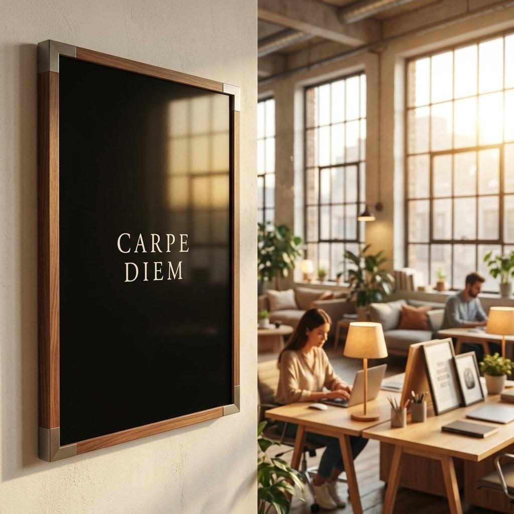 A vertical black framed wall art print with the words 'CARPE DIEM' in white serif lettering, shown hanging on a light wall beside an office interior scene with large windows and people working at desks.