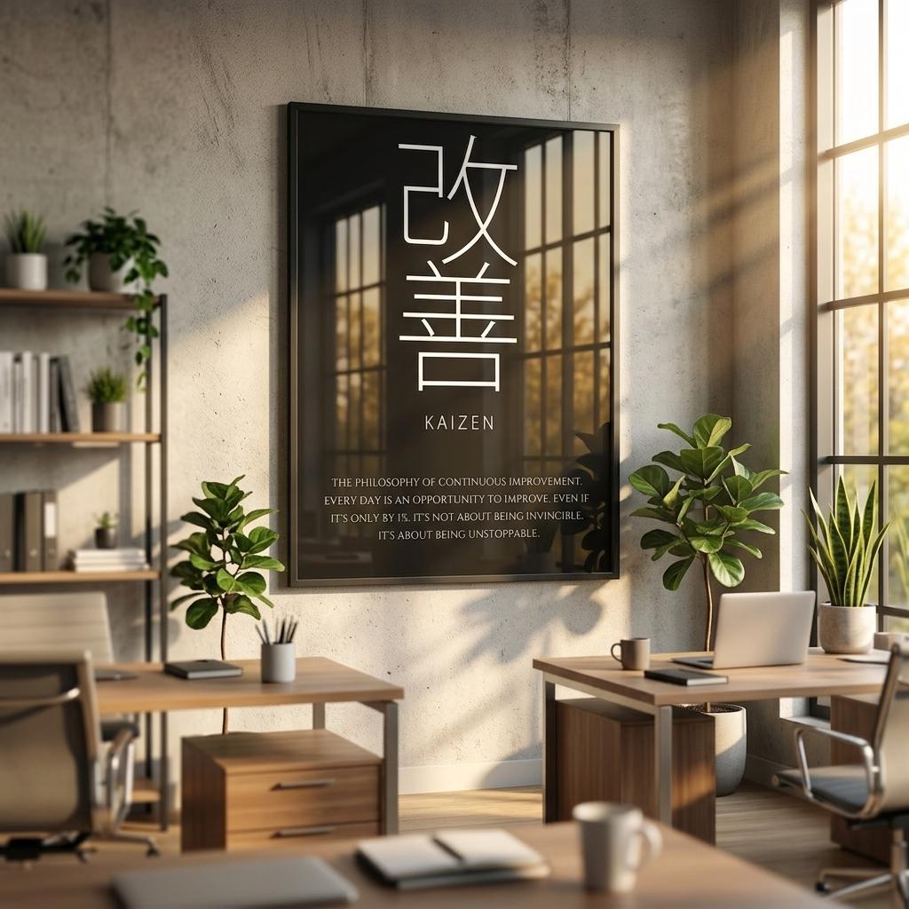 A framed vertical wall art print with large white Japanese characters and the word 'KAIZEN' hangs on a concrete wall in a modern office with desks, chairs, and plants.
