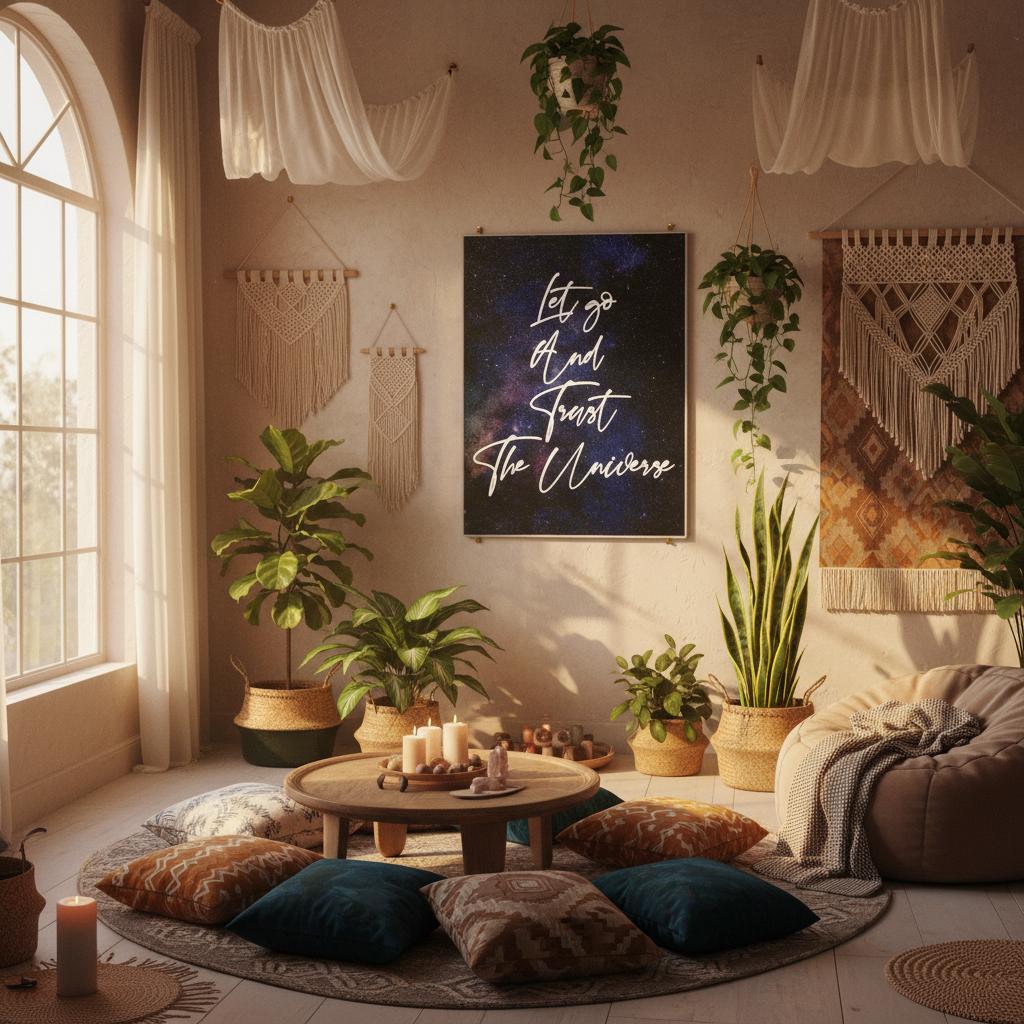A cozy boho-style living room decorated with plants, macrame wall hangings, cushions, and a central framed art print that reads 'Let go of fear and trust The Universe' in white script over a dark blue and purple galaxy background.