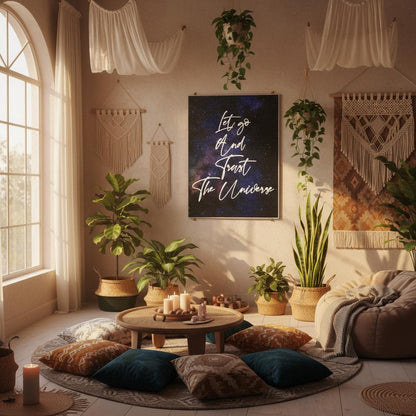 A cozy boho-style living room decorated with plants, macrame wall hangings, cushions, and a central framed art print that reads 'Let go of fear and trust The Universe' in white script over a dark blue and purple galaxy background.